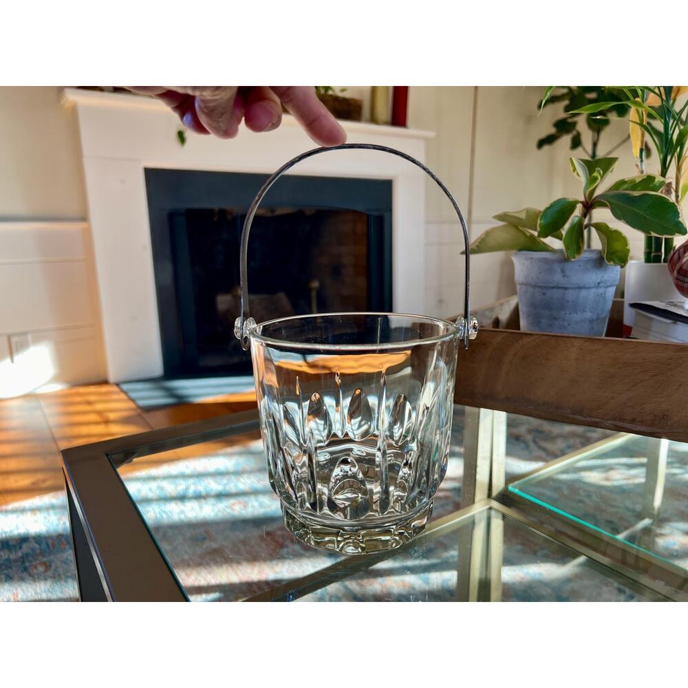 Vintage Glass Ice Bucket with Silver Handle, Barware  Made in Italy